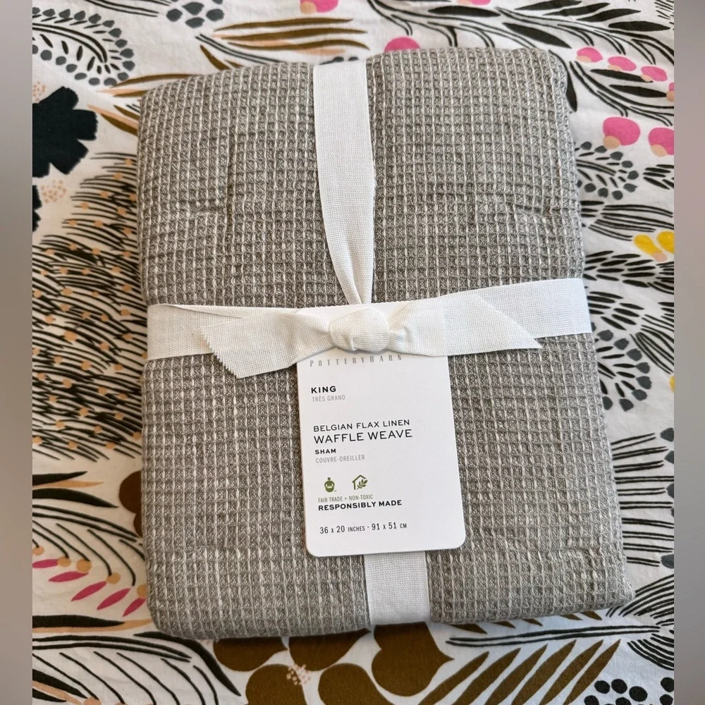 NEW Pottery Barn Belgian Flax Linen Waffle Weave King Pillow Sham Eucalyptus NWT